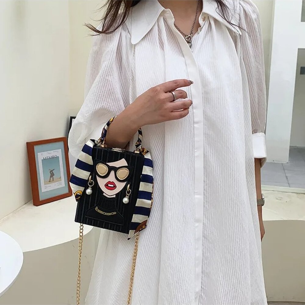 🔥Chic Fashion Lady Face Trendy Box Handbag w/Pearl Earrings Scarf Twilly Handle - Picture 4 of 10